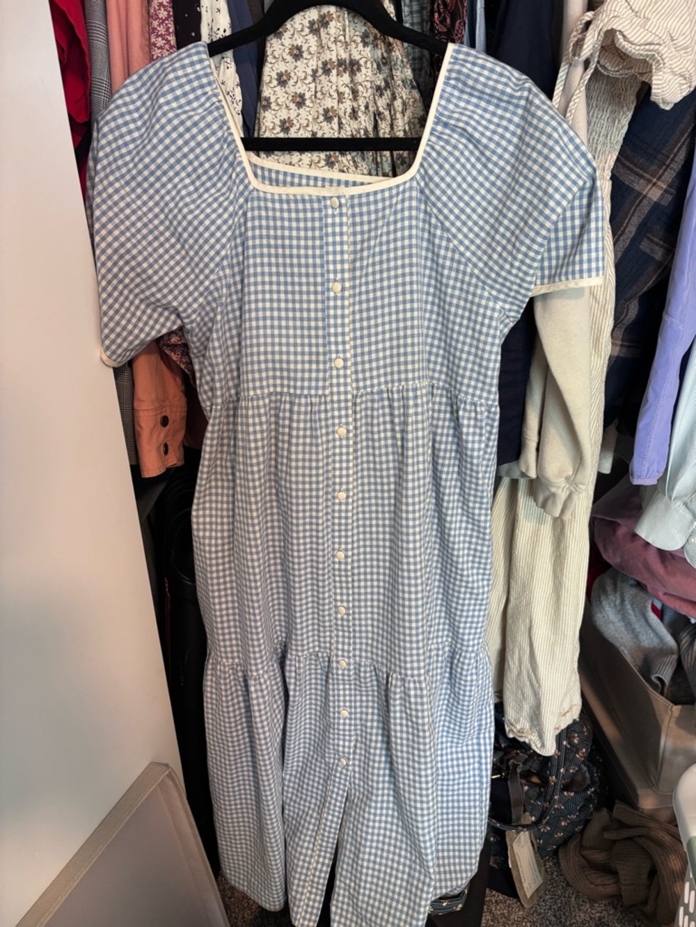 Light Blue Gingham Button-Front Summer Dress